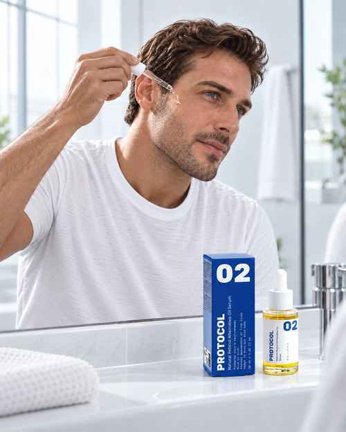 PROTOCOL 02 RENEW Ölserum wird mit einer Pipette auf die Wange aufgetragen
