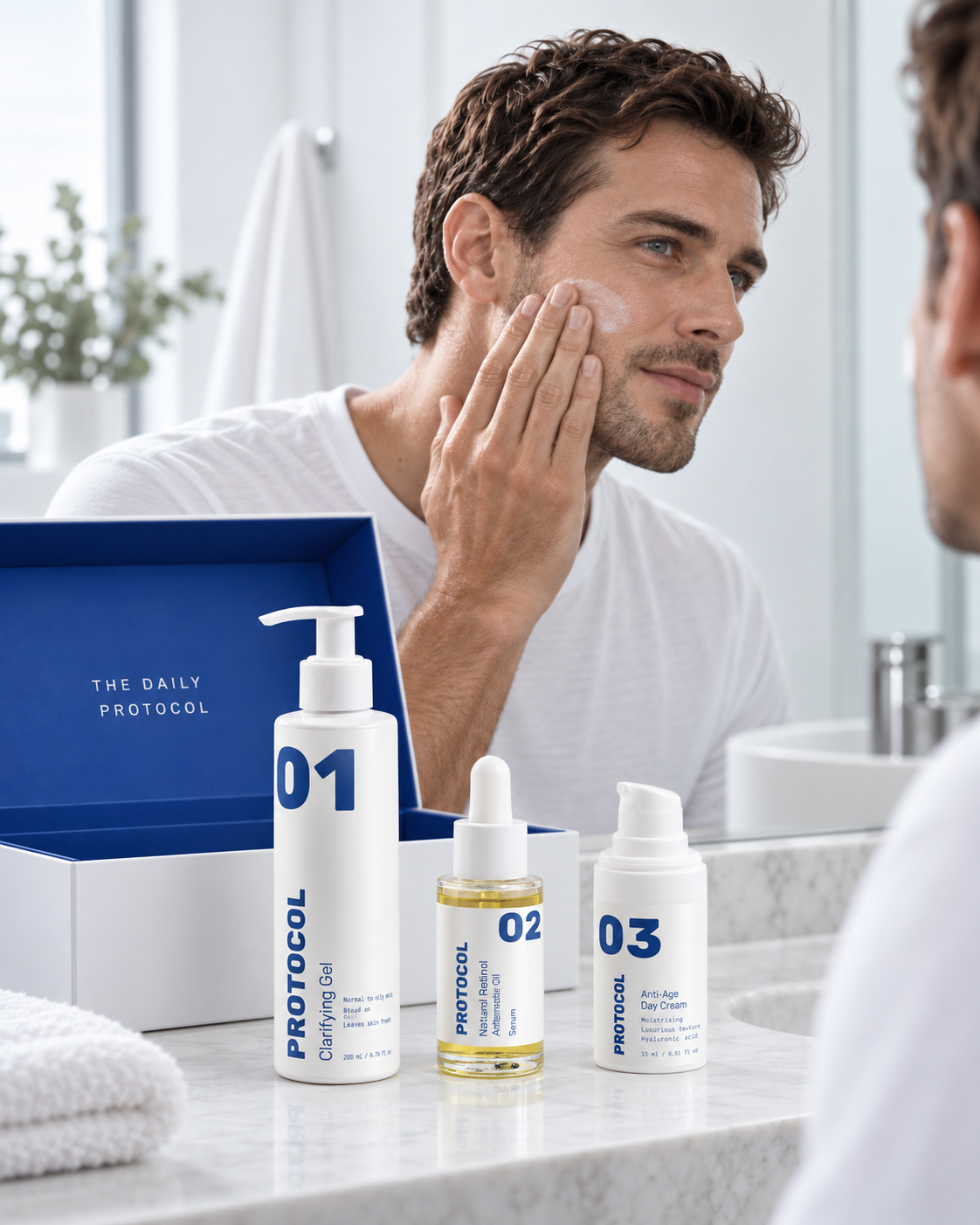THE DAILY PROTOCOL mit CLEAN, RENEW und HYDRATE im Badezimmer