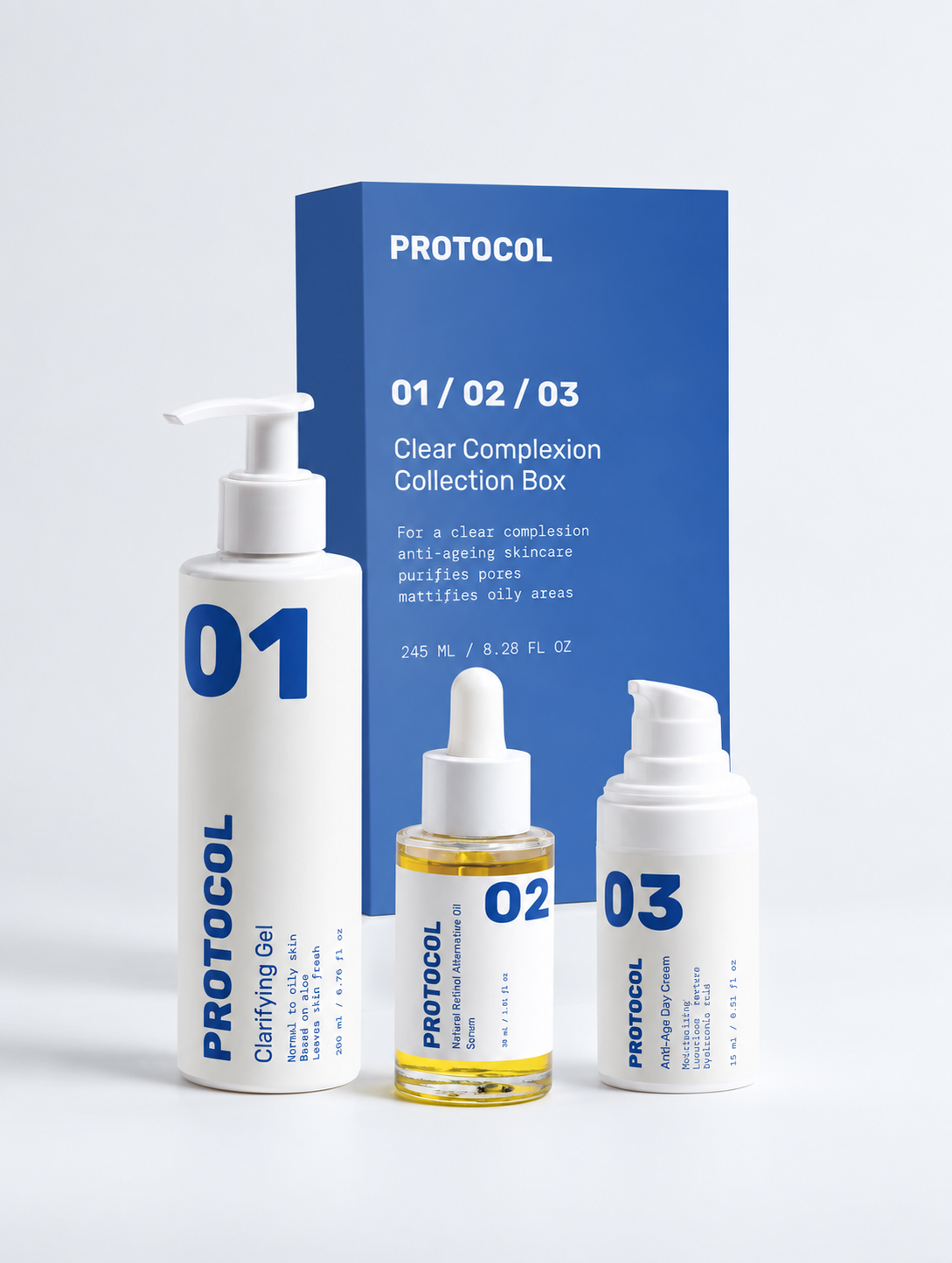 THE DAILY PROTOCOL Set mit CLEAN, RENEW und HYDRATE vor der blauen Box